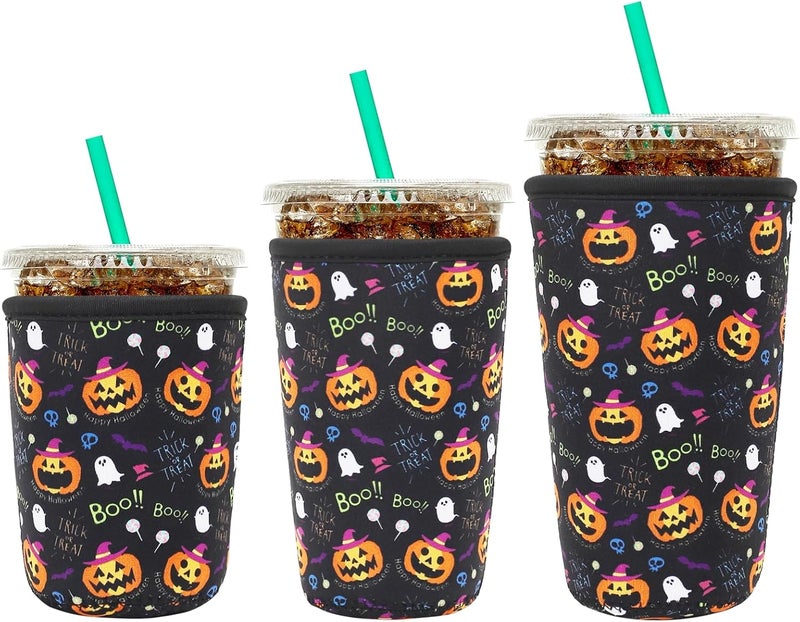 YR Reusable Neoprene Insulator Sleeve for Iced Coffee Cups, 3 Pack Coffee Coolies sleeves for Iced & Hot Drinks, Cold Beverage Cooler Compatible with Starbucks Coffee and More (Halloween Boo) - Image 1